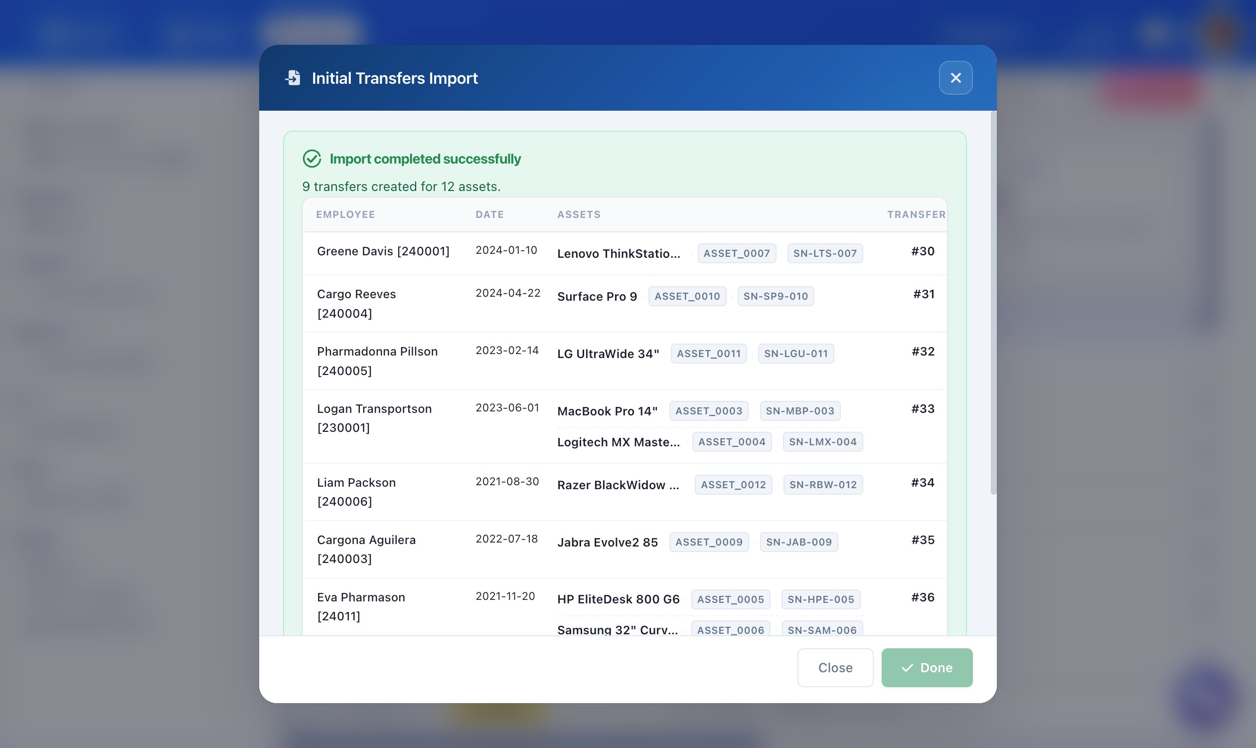 Completed import screen with transfer documents listed