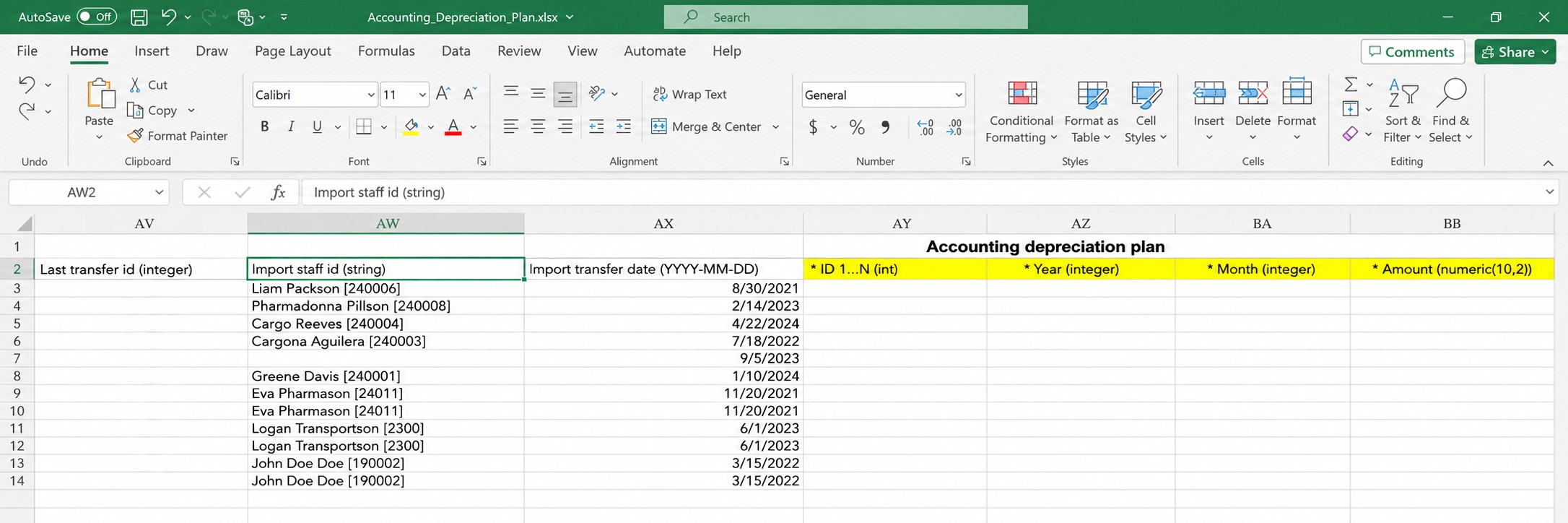 Import XLSX template showing the import_staff_id and import_transfer_date columns