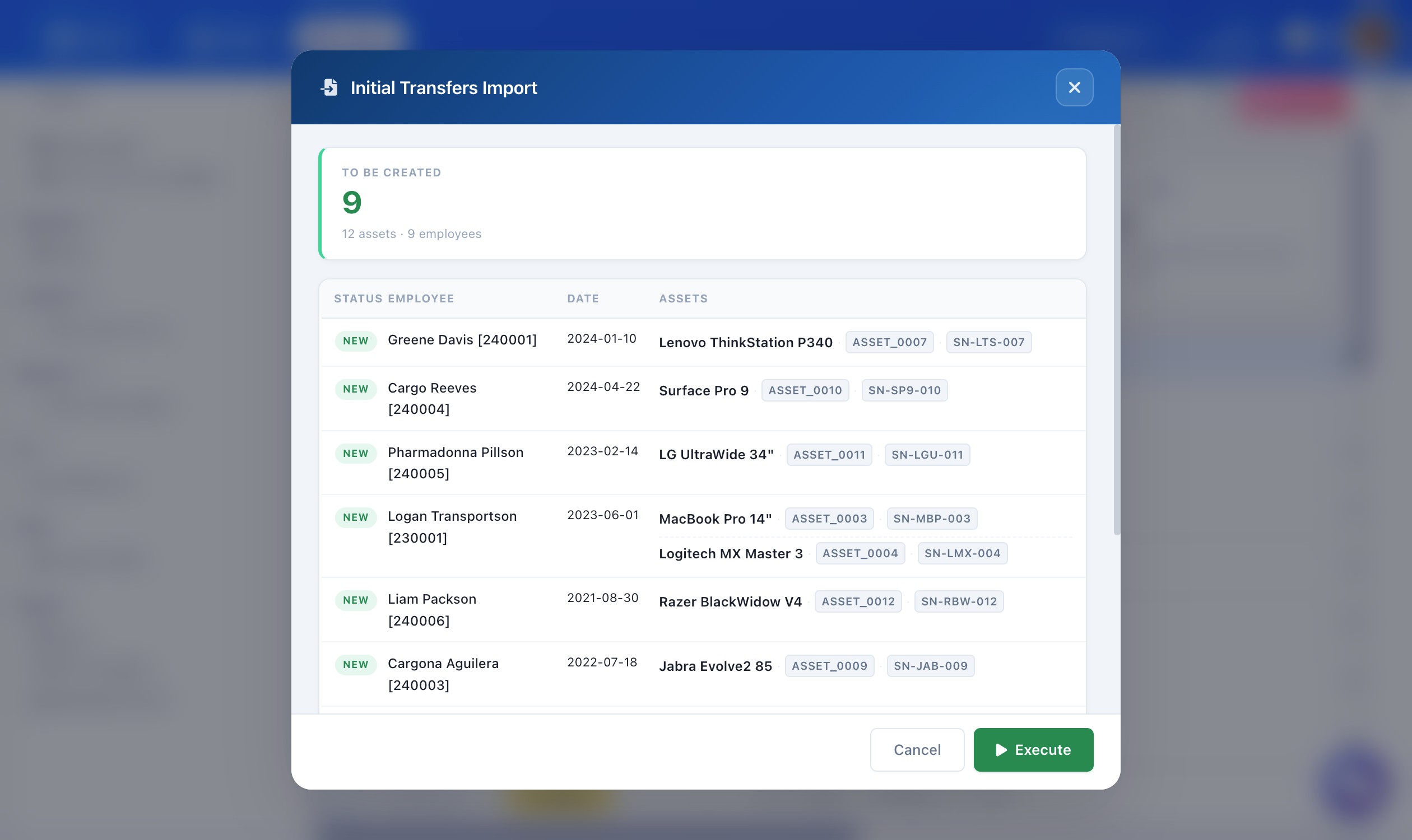 Initial Transfers Import preview dialog