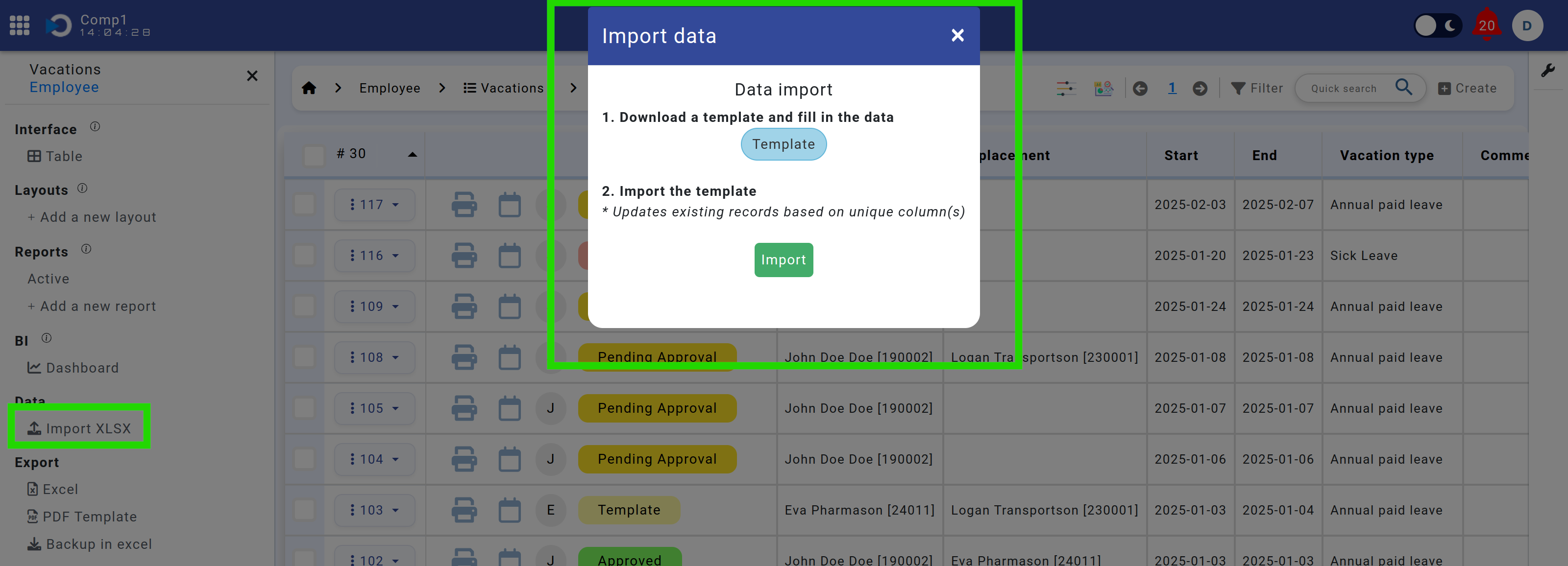 Import XLSX popup