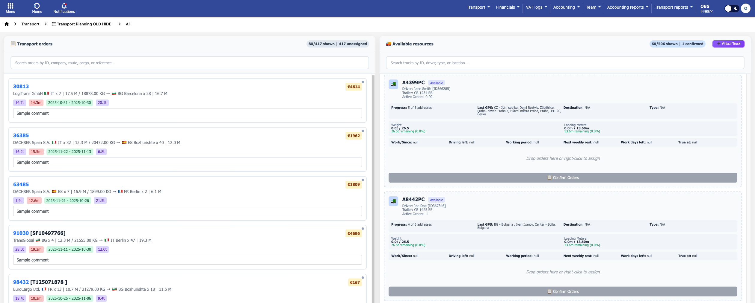 Transport Planning Interface Screenshot