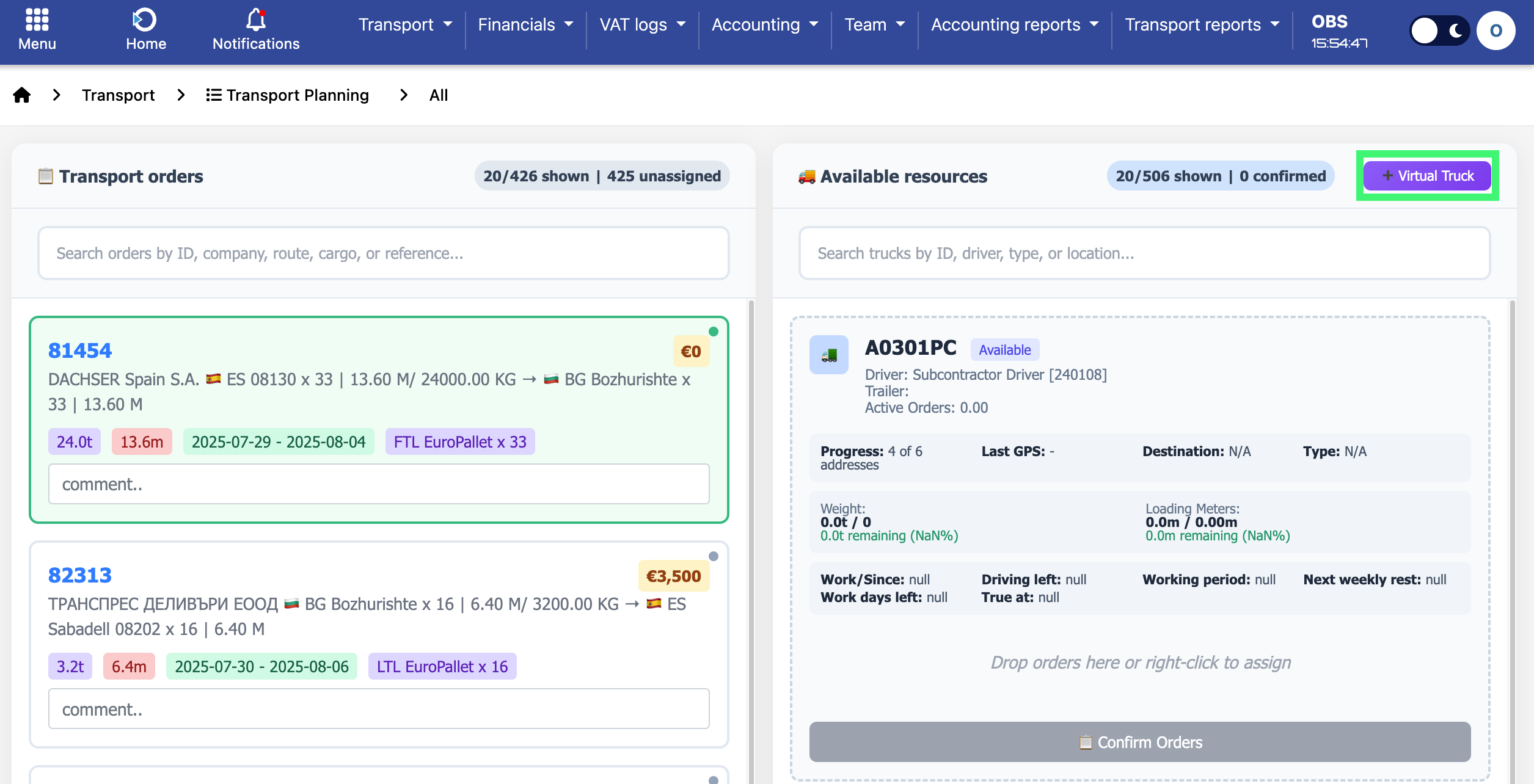 Transport Planning Interface Screenshot