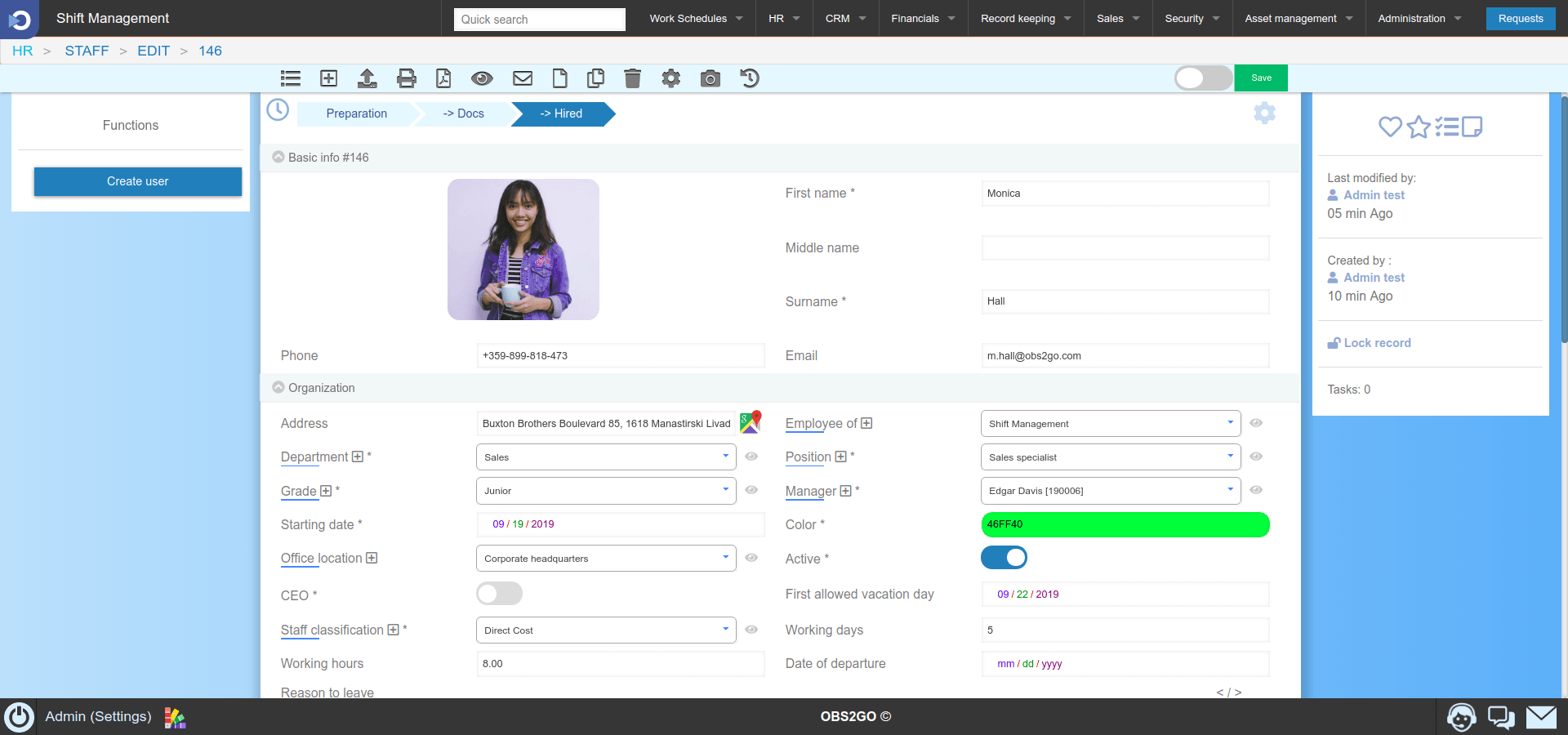 Image shows module Staff in OBS EPR HR