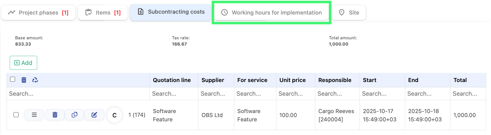 Subcontracting Cost Table
