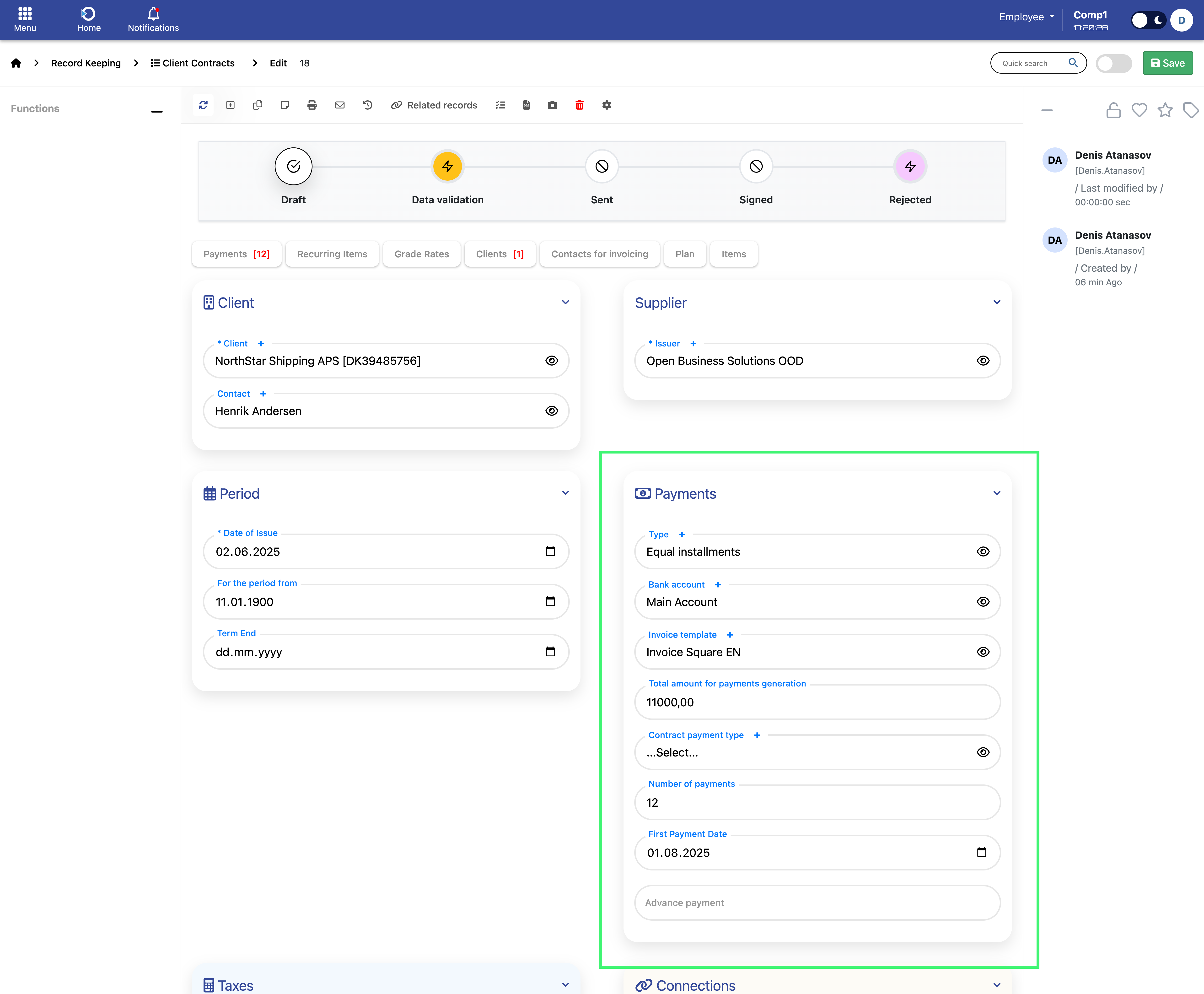 Example of Equal Installments setup
