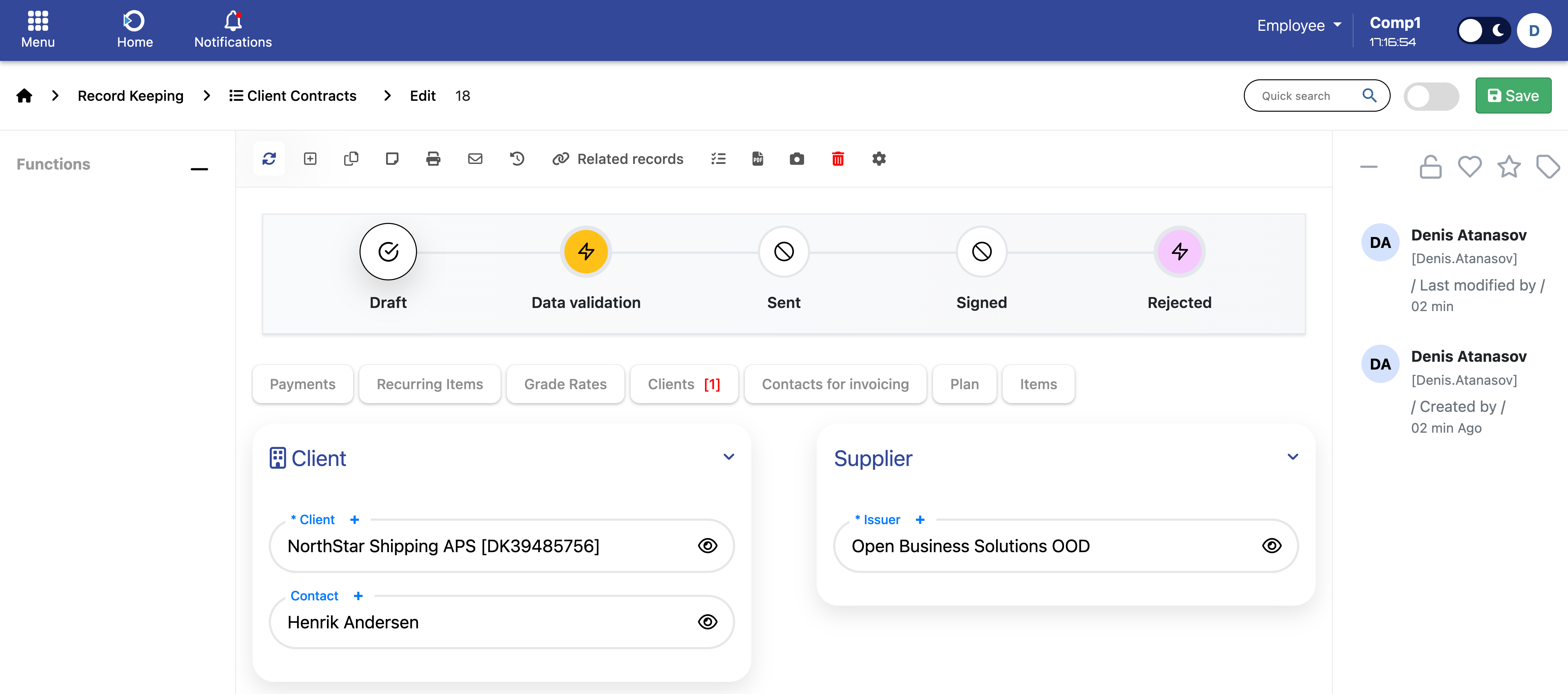 Contract workflow bar – Draft → Data validation → Sent → Signed → Rejected