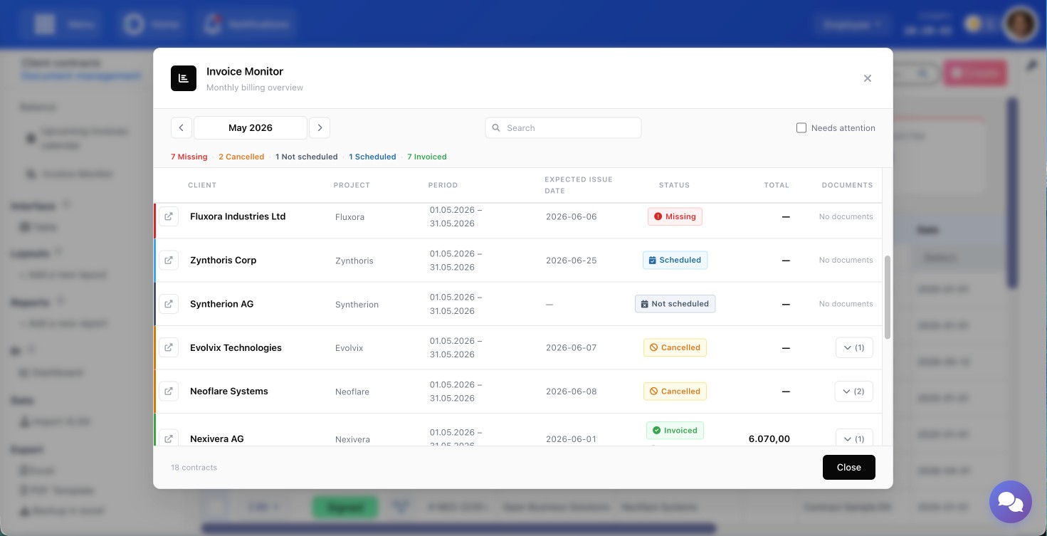 Invoice Monitor panel showing all billing statuses for a month