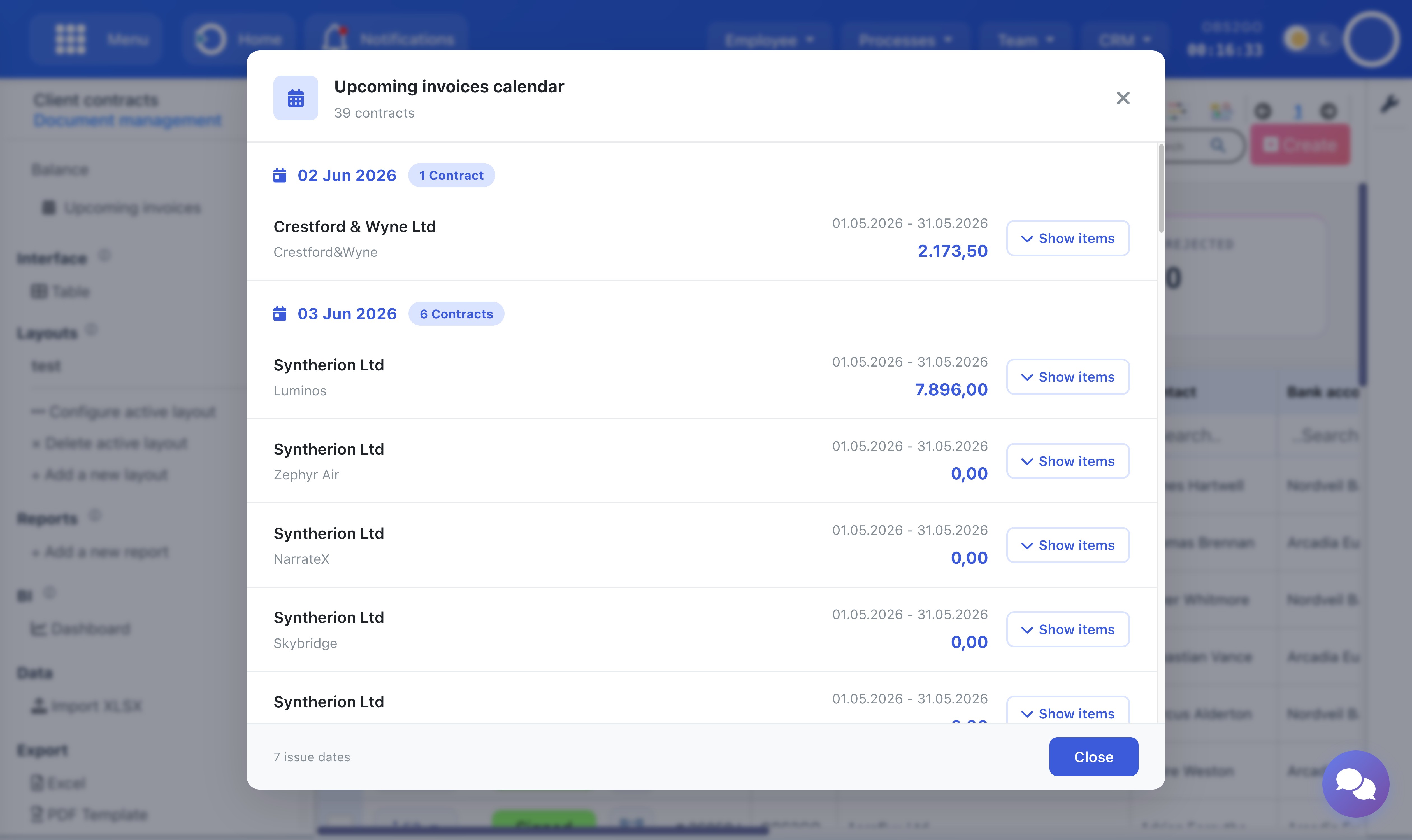 Upcoming Invoices Calendar panel grouped by issue date