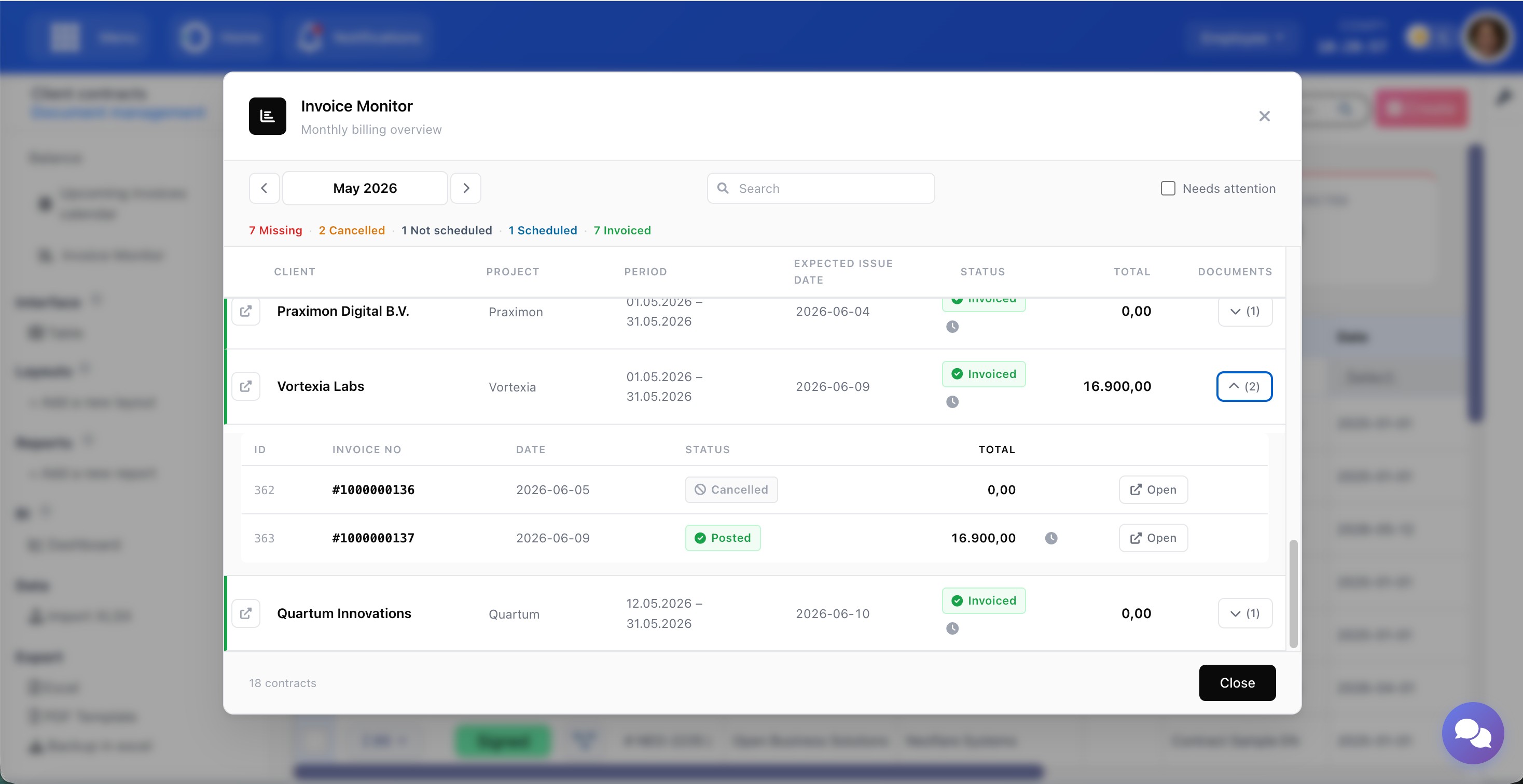 Invoice Monitor with expanded invoice documents showing cancelled and active invoices for the same period