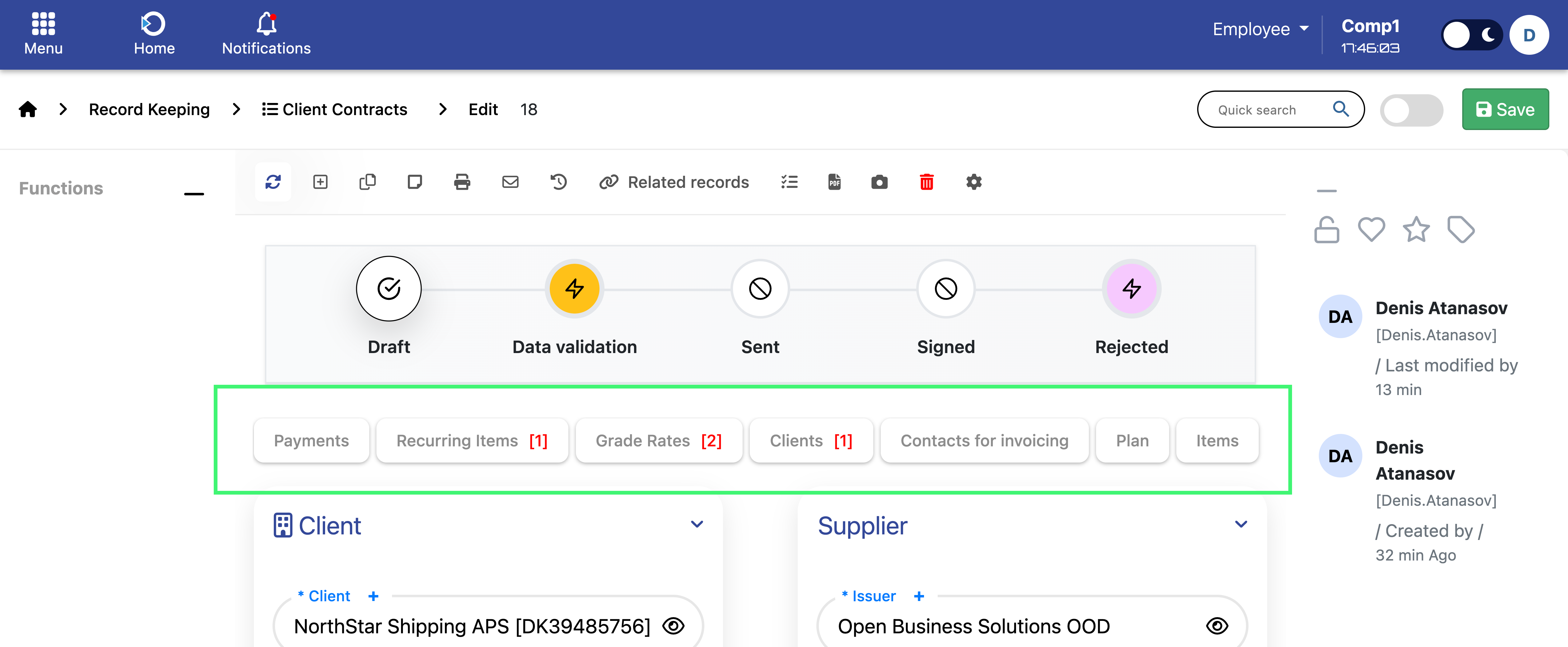 Contract tabs bar – Payments | Recurring Items | Grade Rates | Clients | Contacts for invoicing | Plan | Items