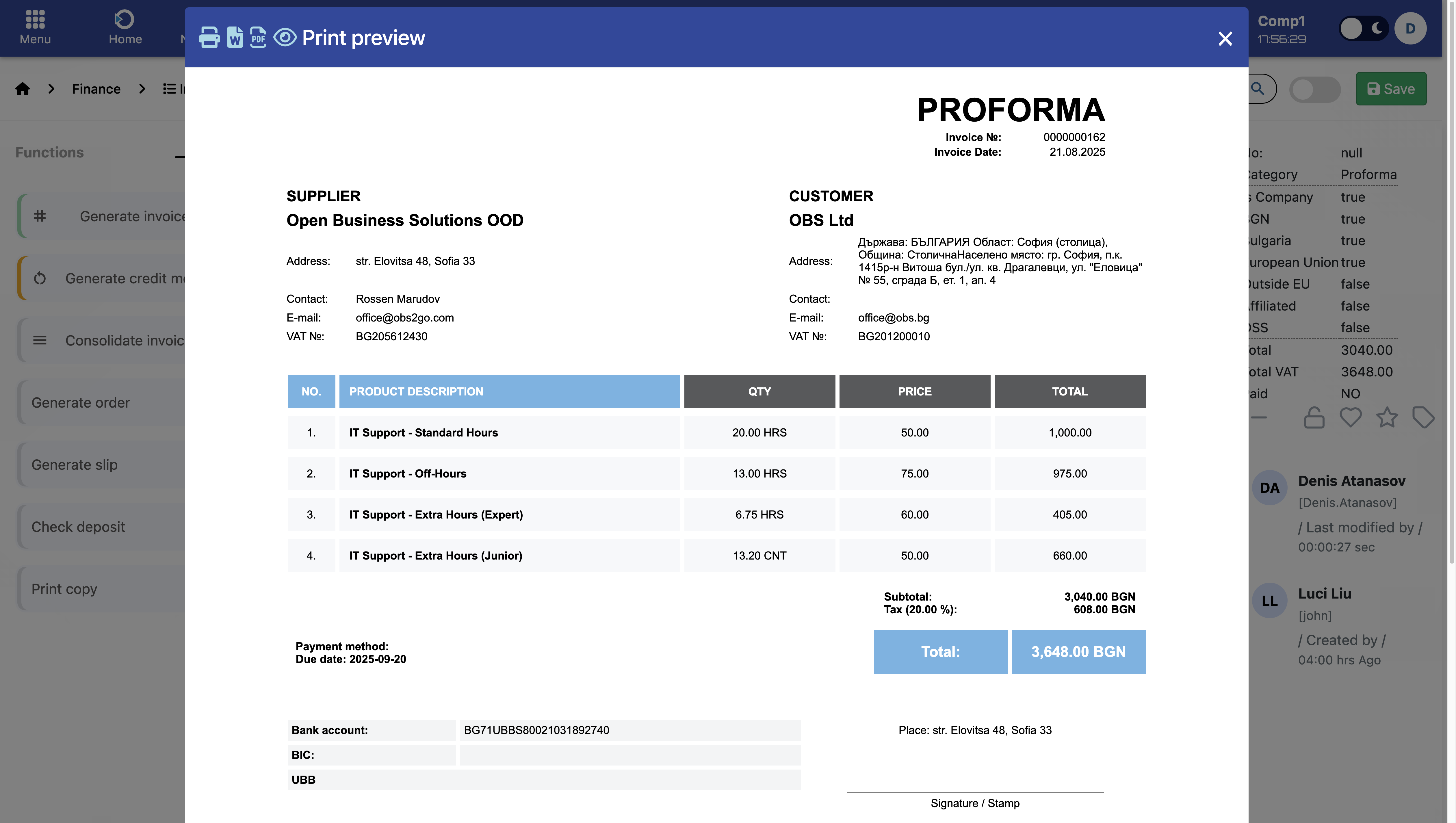 Example of automated installment plan and generated invoice