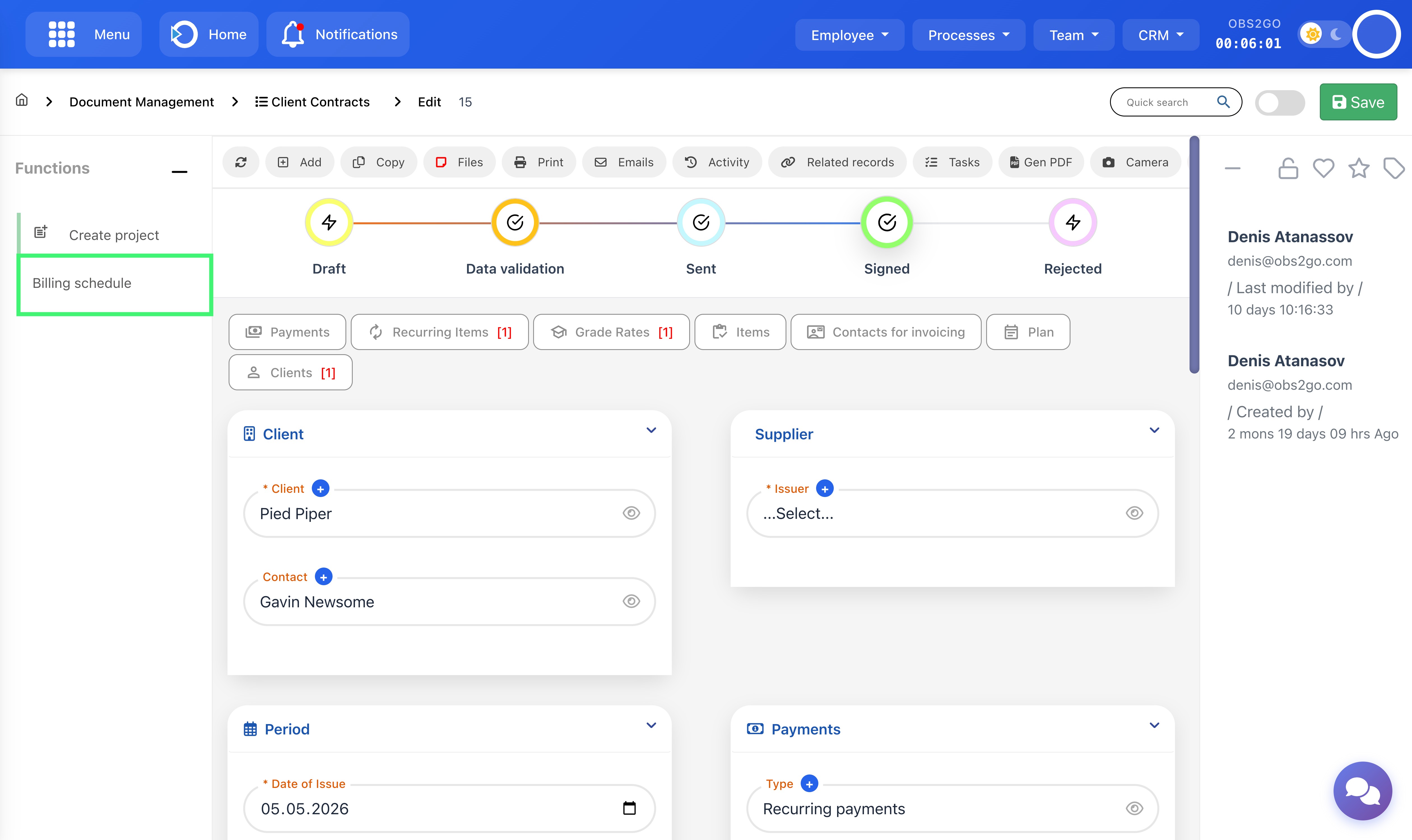 Billing Schedule button on contract record