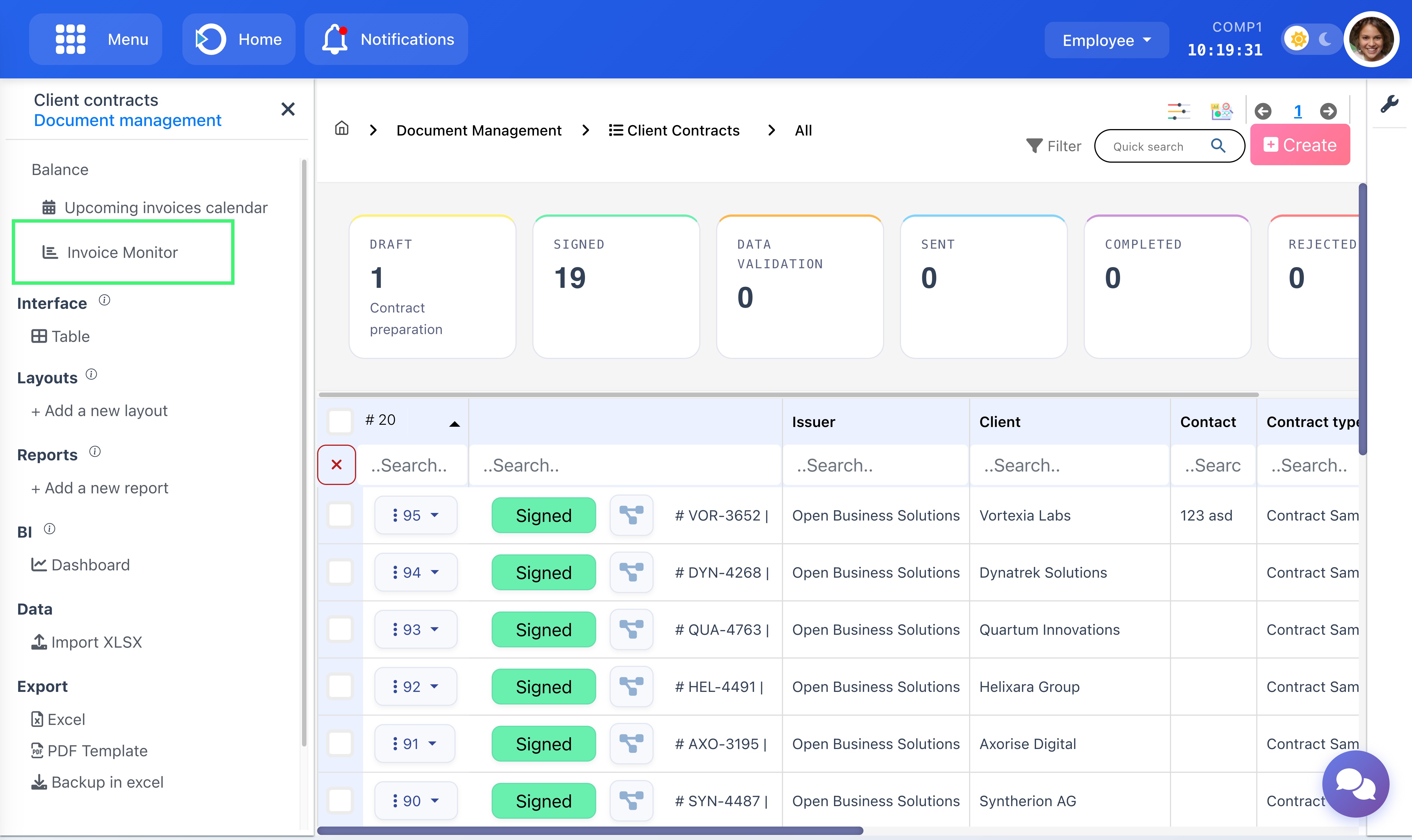 Invoice Monitor button in the contracts drawer