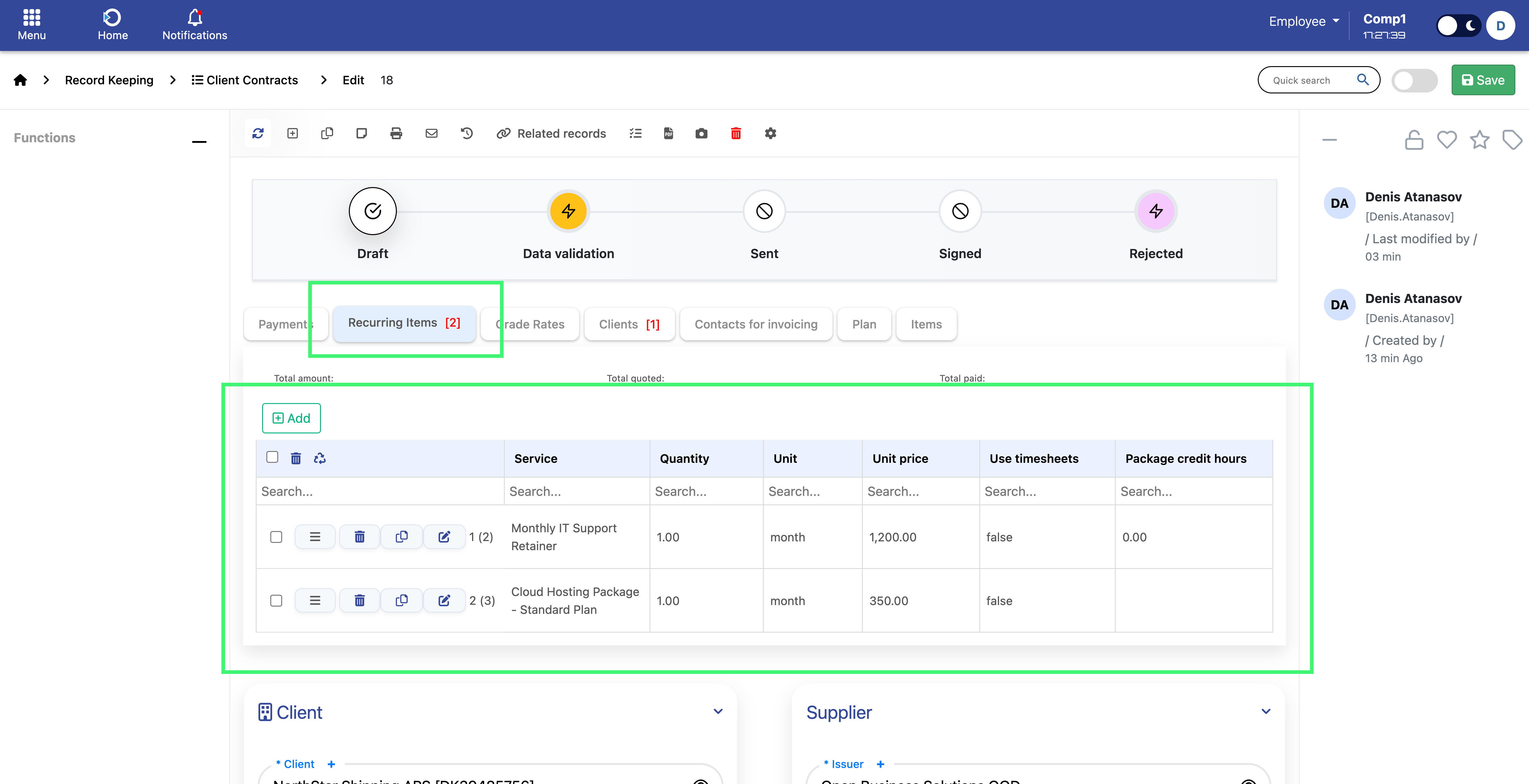 Recurring Items tab – fixed amounts