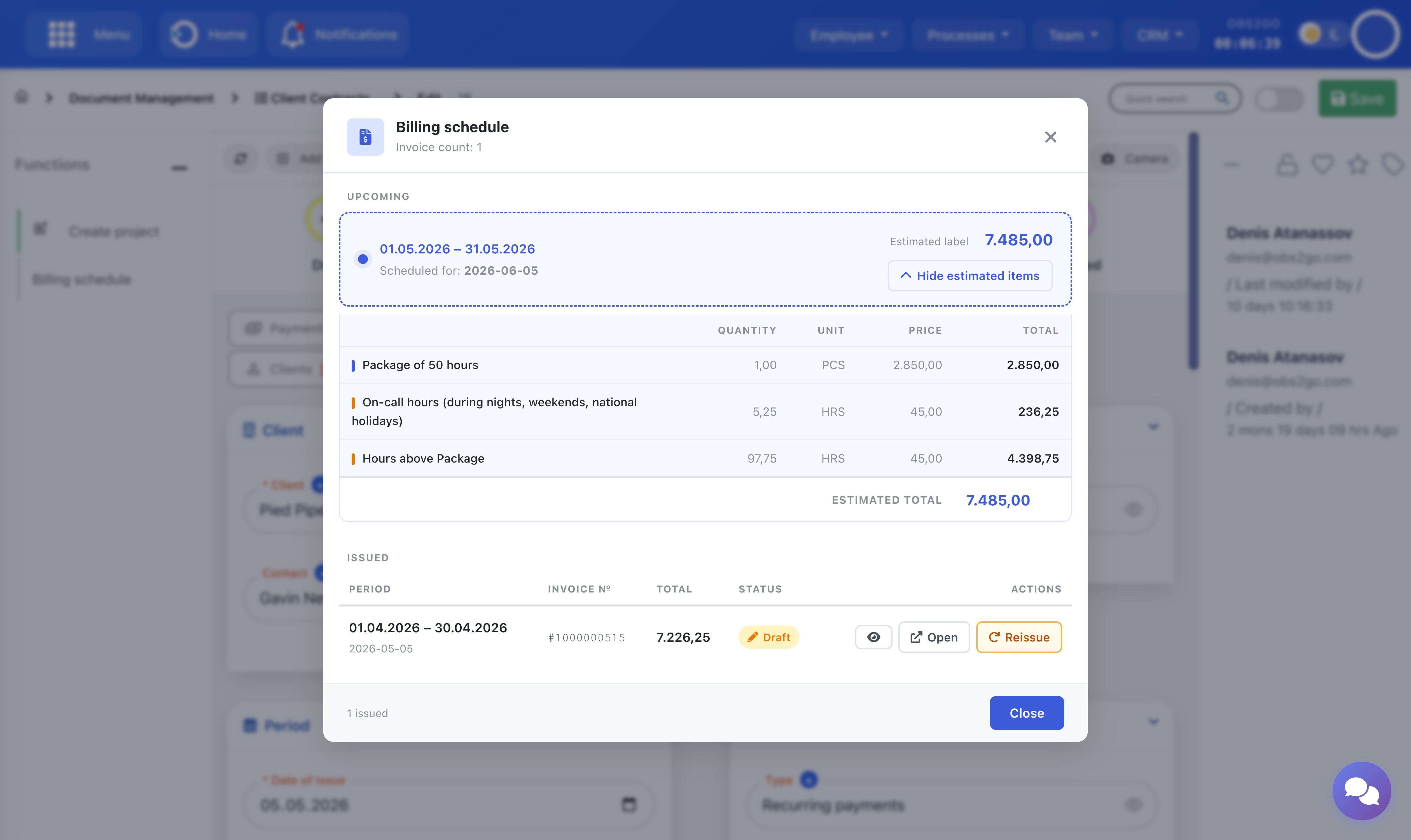 Billing Schedule panel showing upcoming and issued invoices