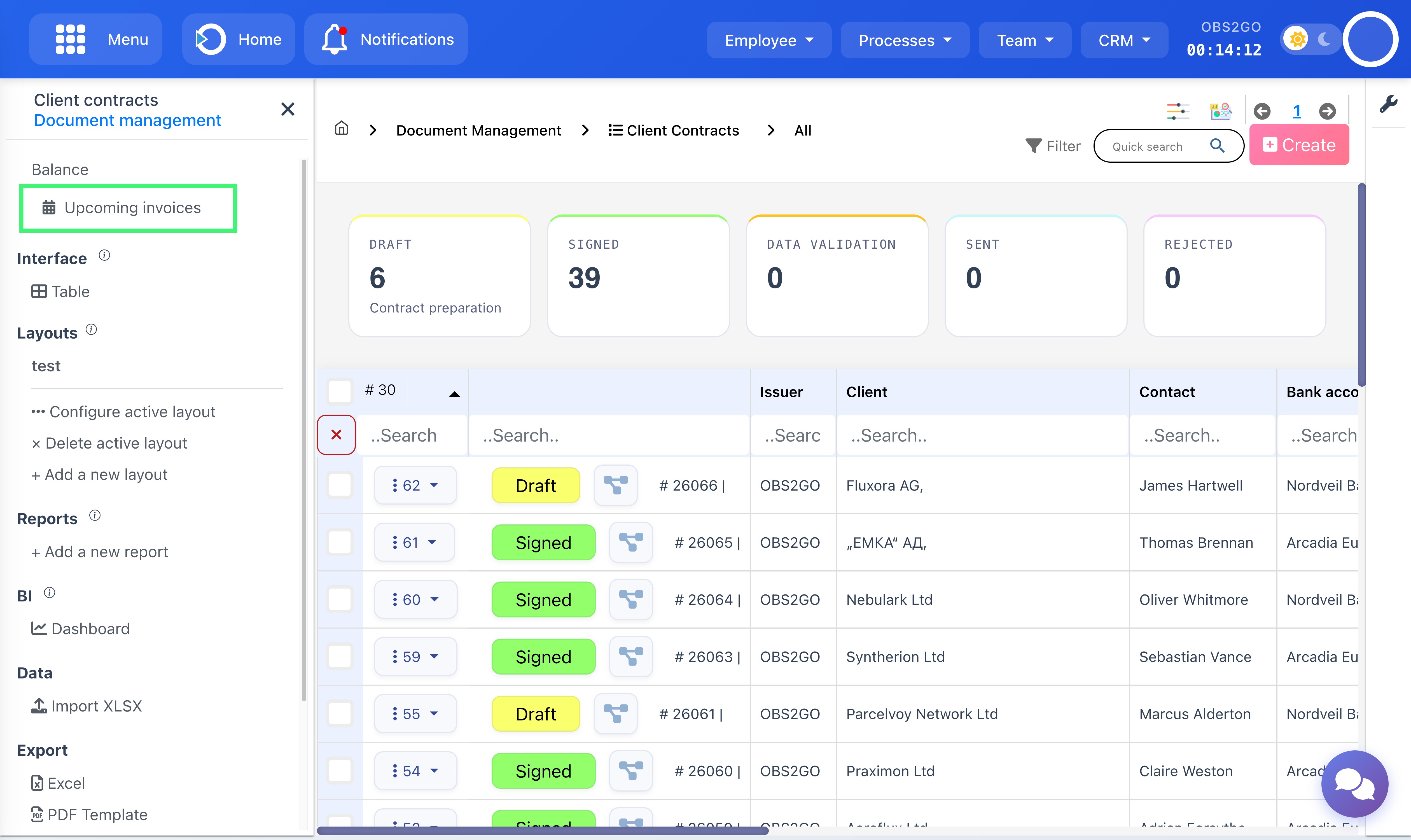Upcoming invoices button in the contracts drawer