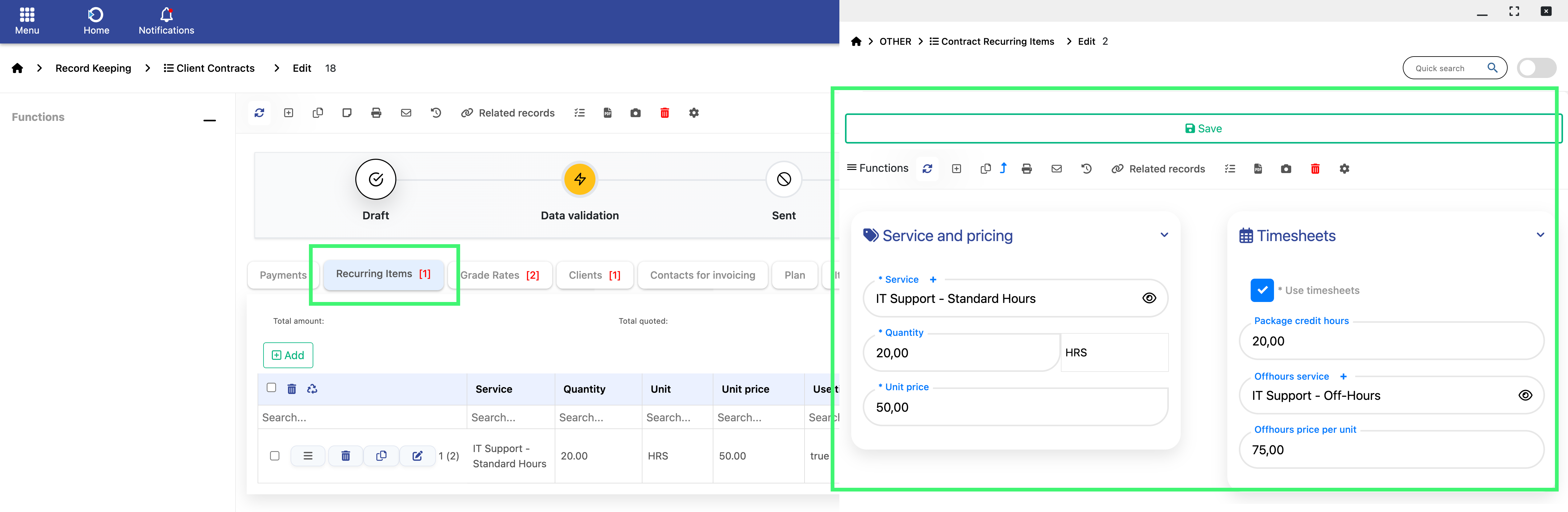 Time-tracking based contract setup