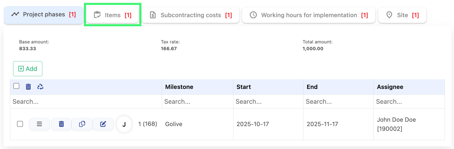 Project Phases Table