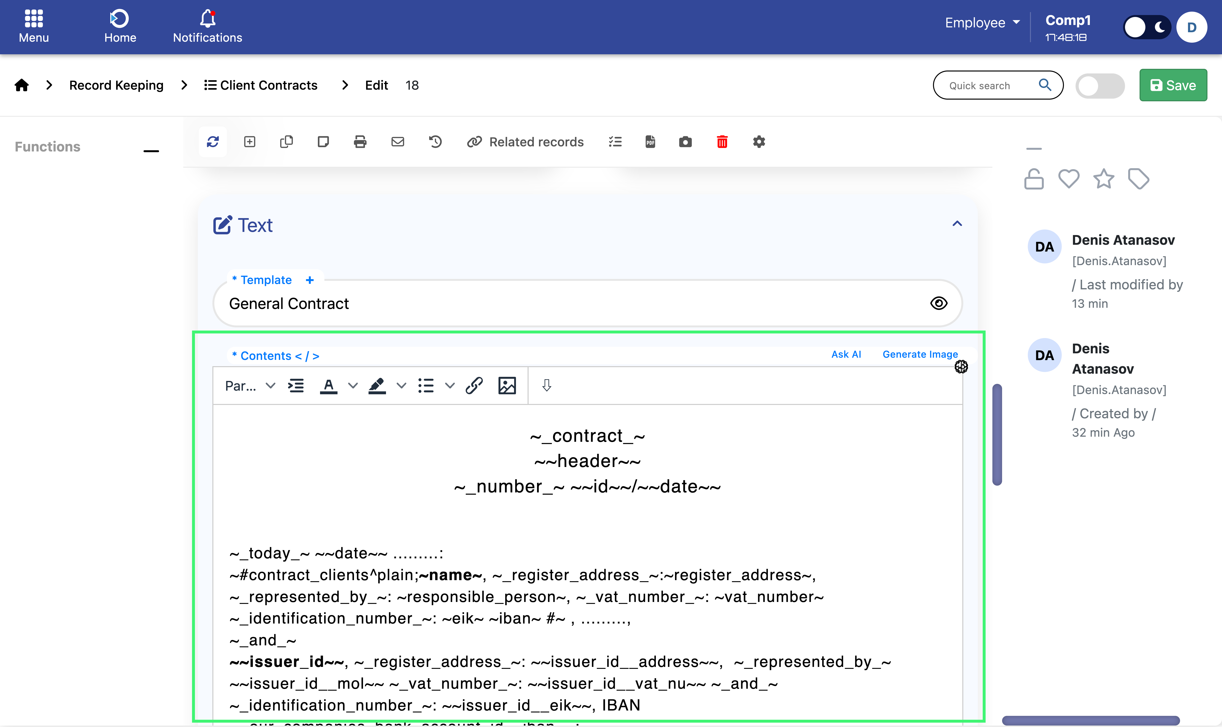 Document template with merge fields