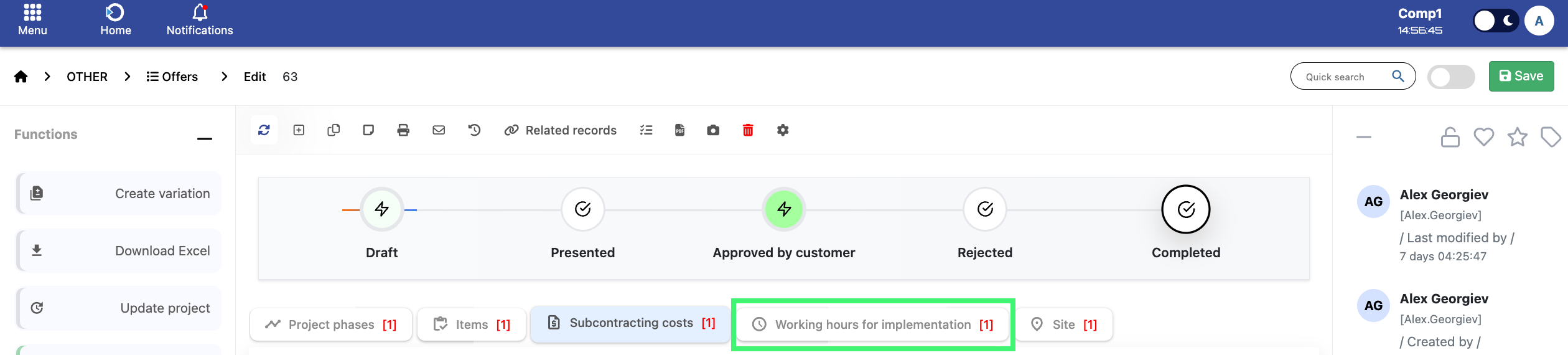 Subcontracting Costs Table
