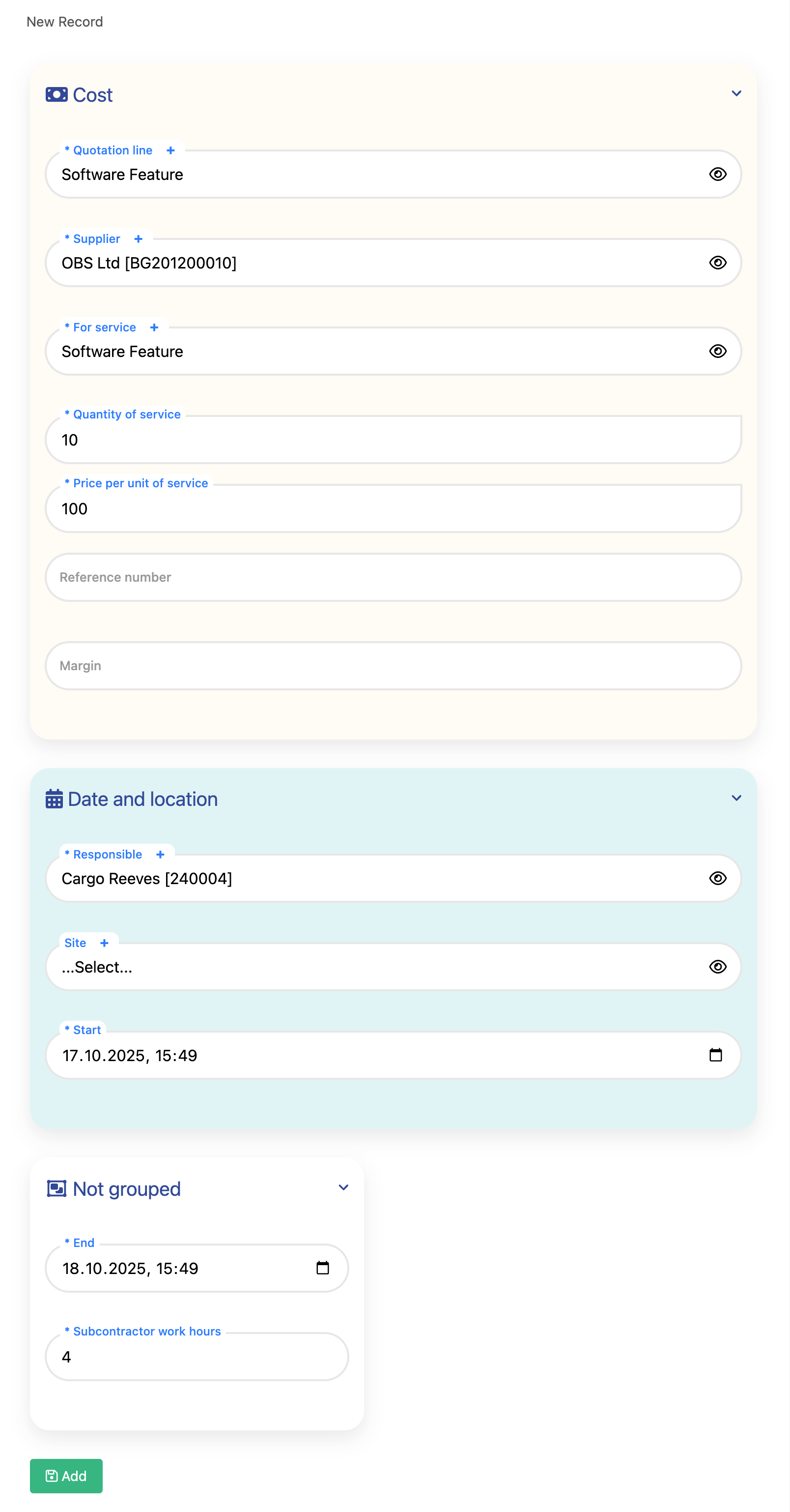 Subcontracting Cost Form