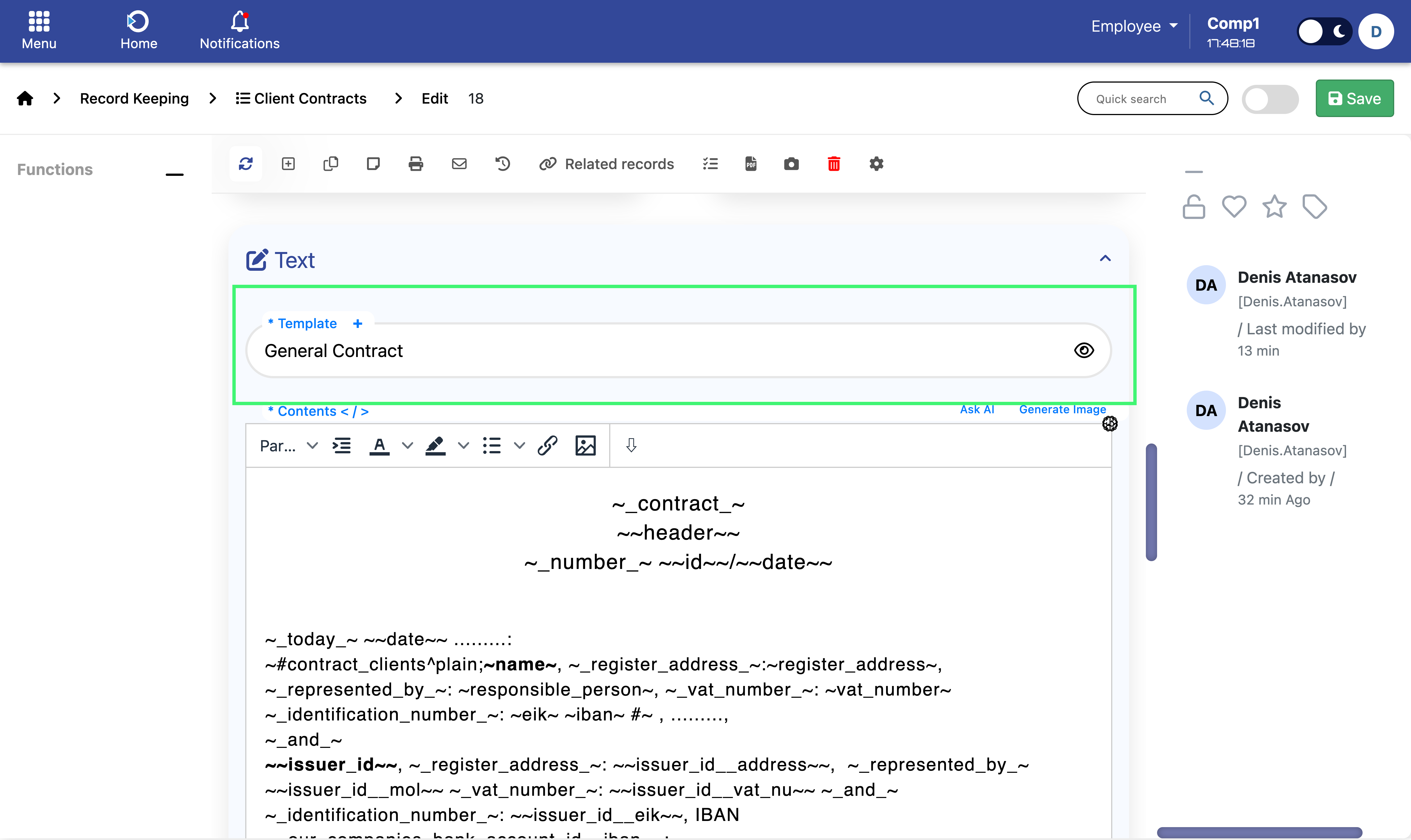 Select template in contract Text section