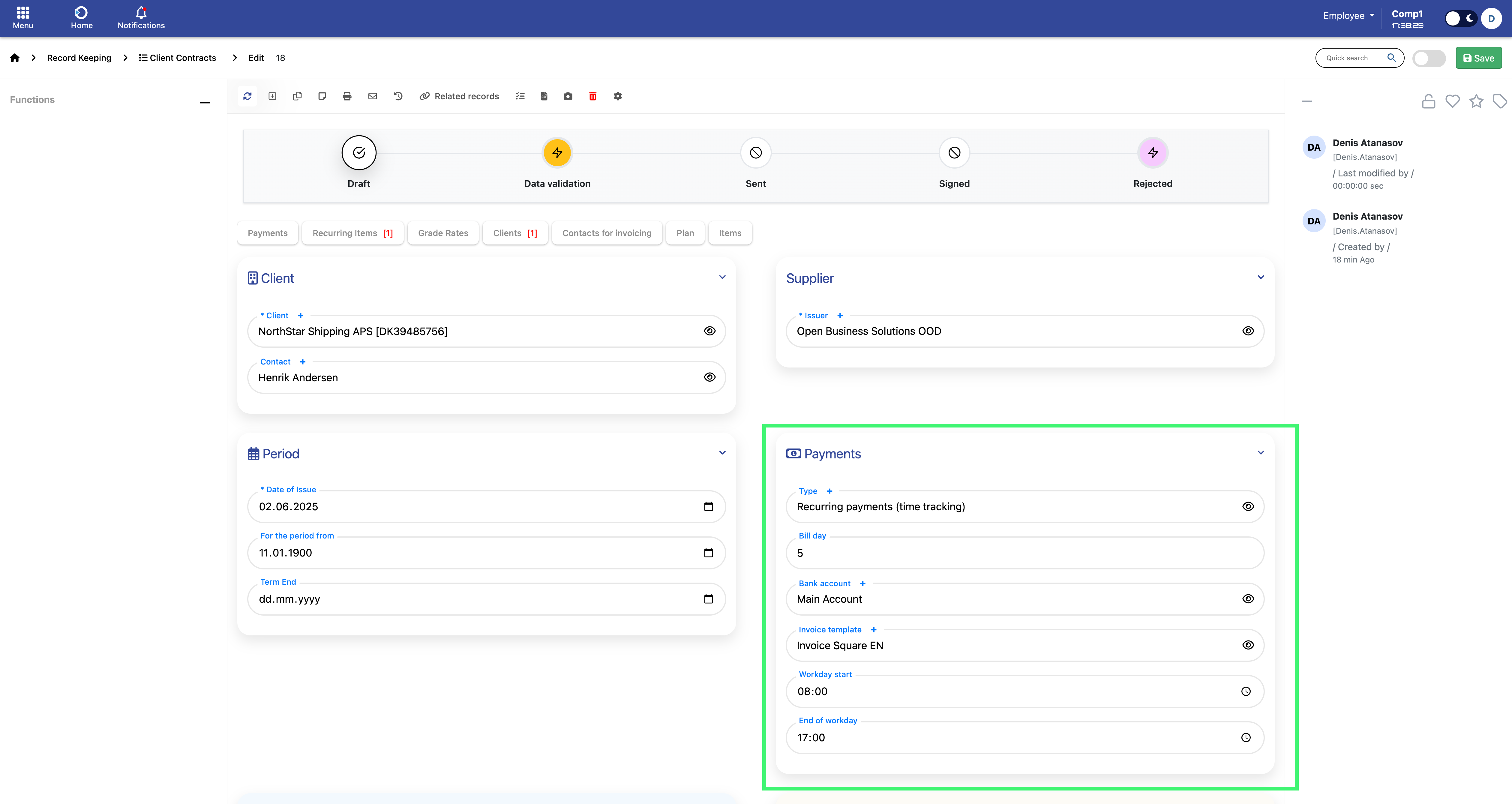 Time-tracking based contract setup