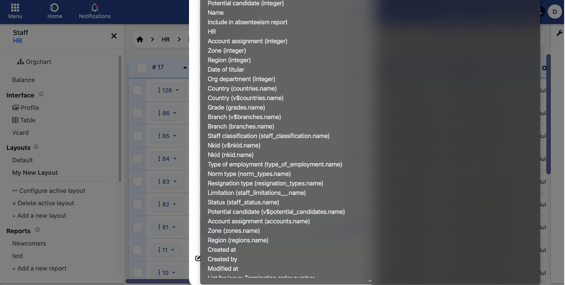 Add column dropdown with options